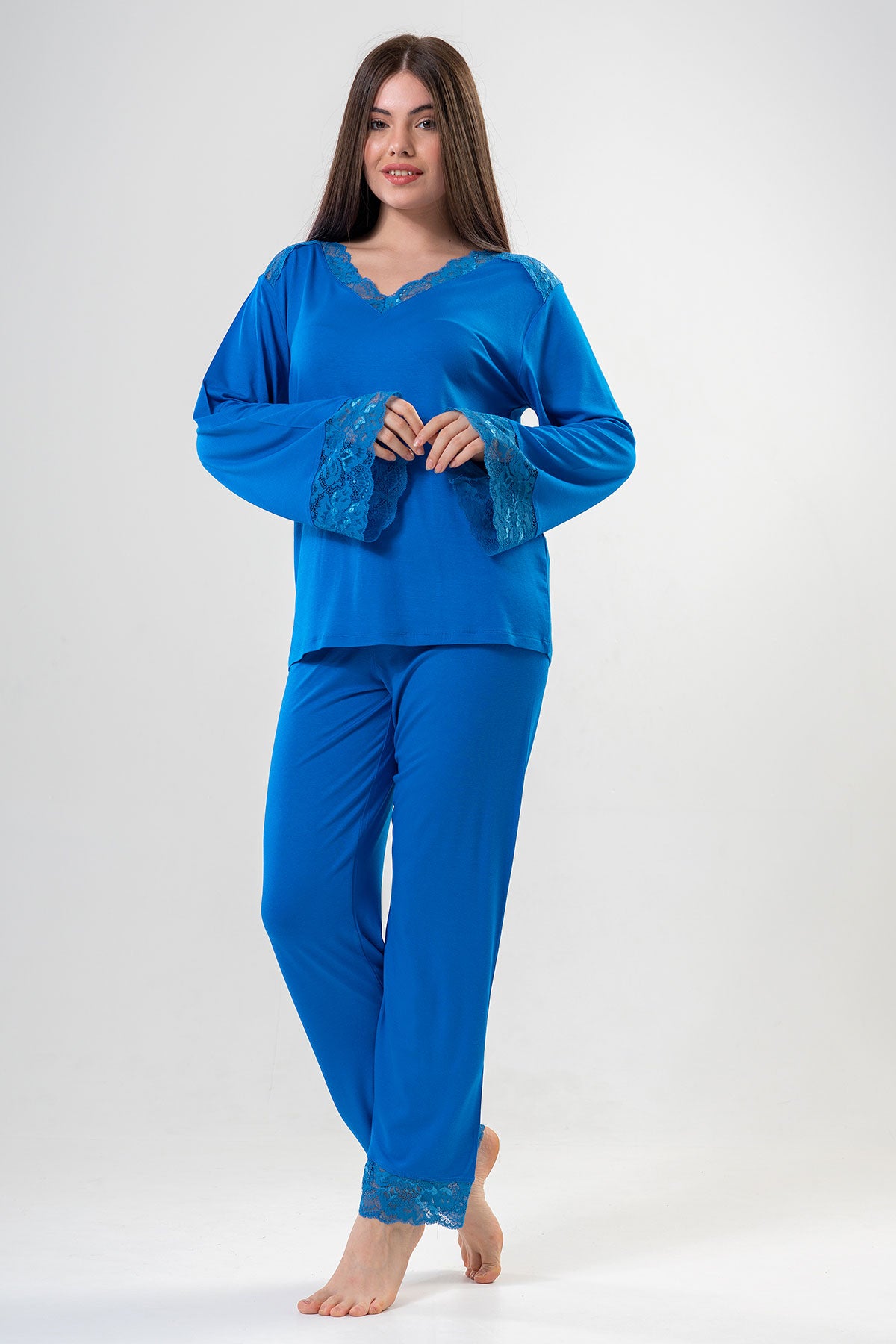 BAYAN LYC WORTEKS V YAKA DANTELLI UZUN KOL PIJAMA TAKIM