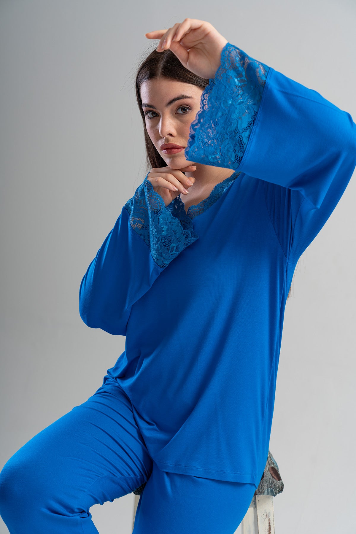 BAYAN LYC WORTEKS V YAKA DANTELLI UZUN KOL PIJAMA TAKIM