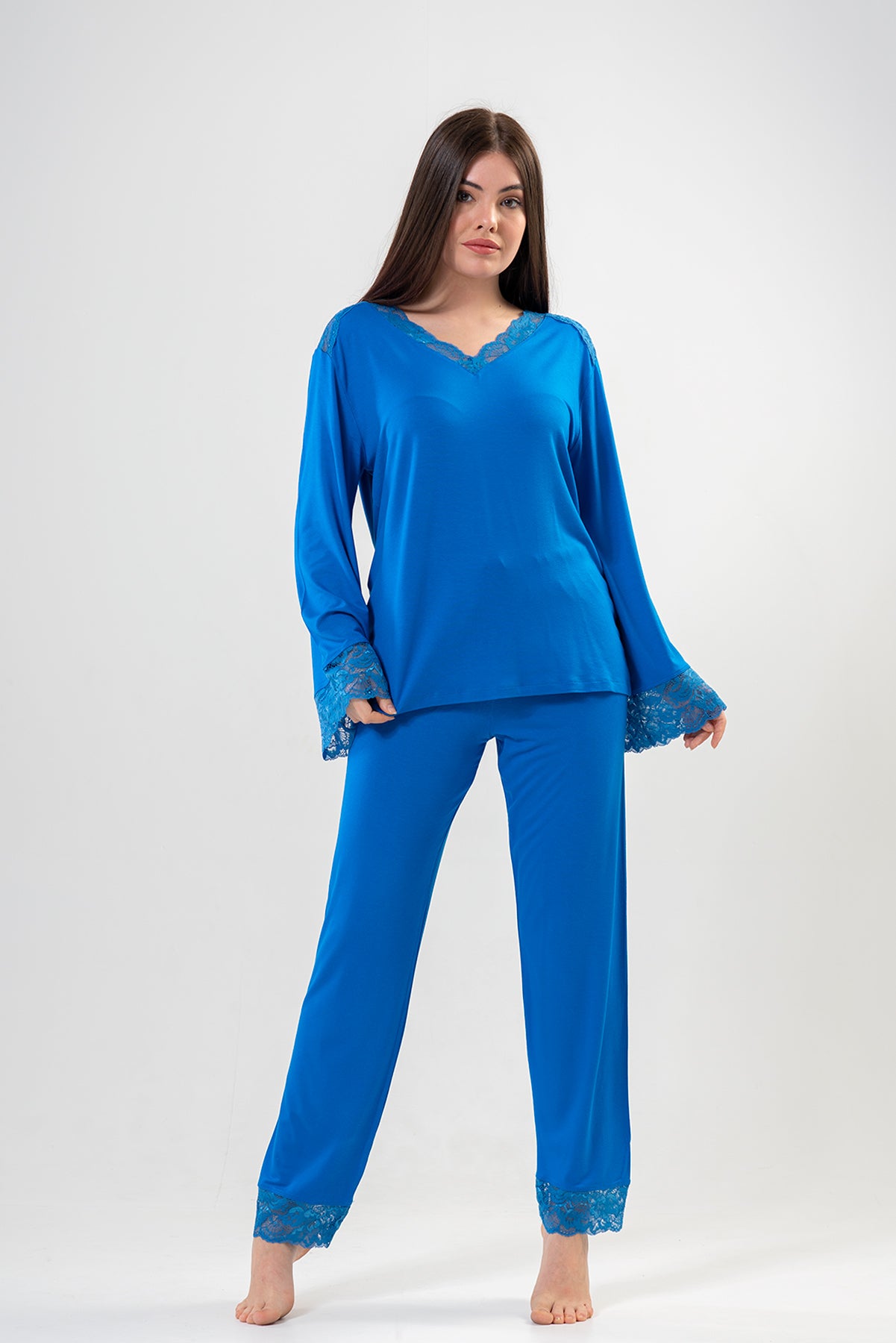 BAYAN LYC WORTEKS V YAKA DANTELLI UZUN KOL PIJAMA TAKIM