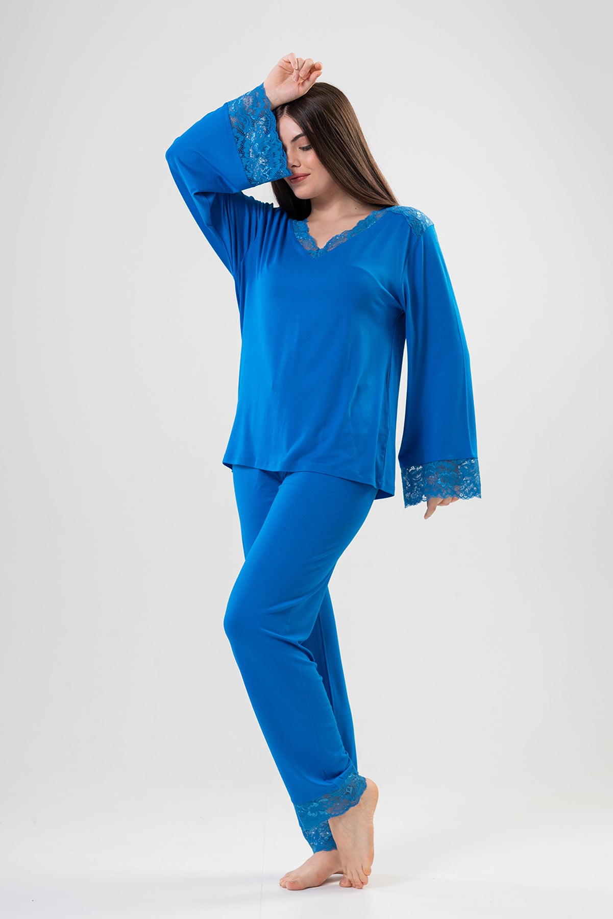 BAYAN LYC WORTEKS V YAKA DANTELLI UZUN KOL PIJAMA TAKIM