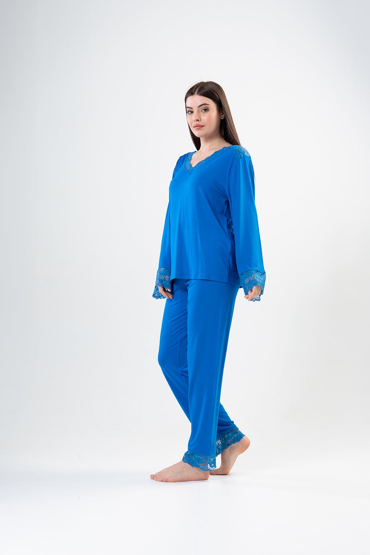 BAYAN LYC WORTEKS V YAKA DANTELLI UZUN KOL PIJAMA TAKIM