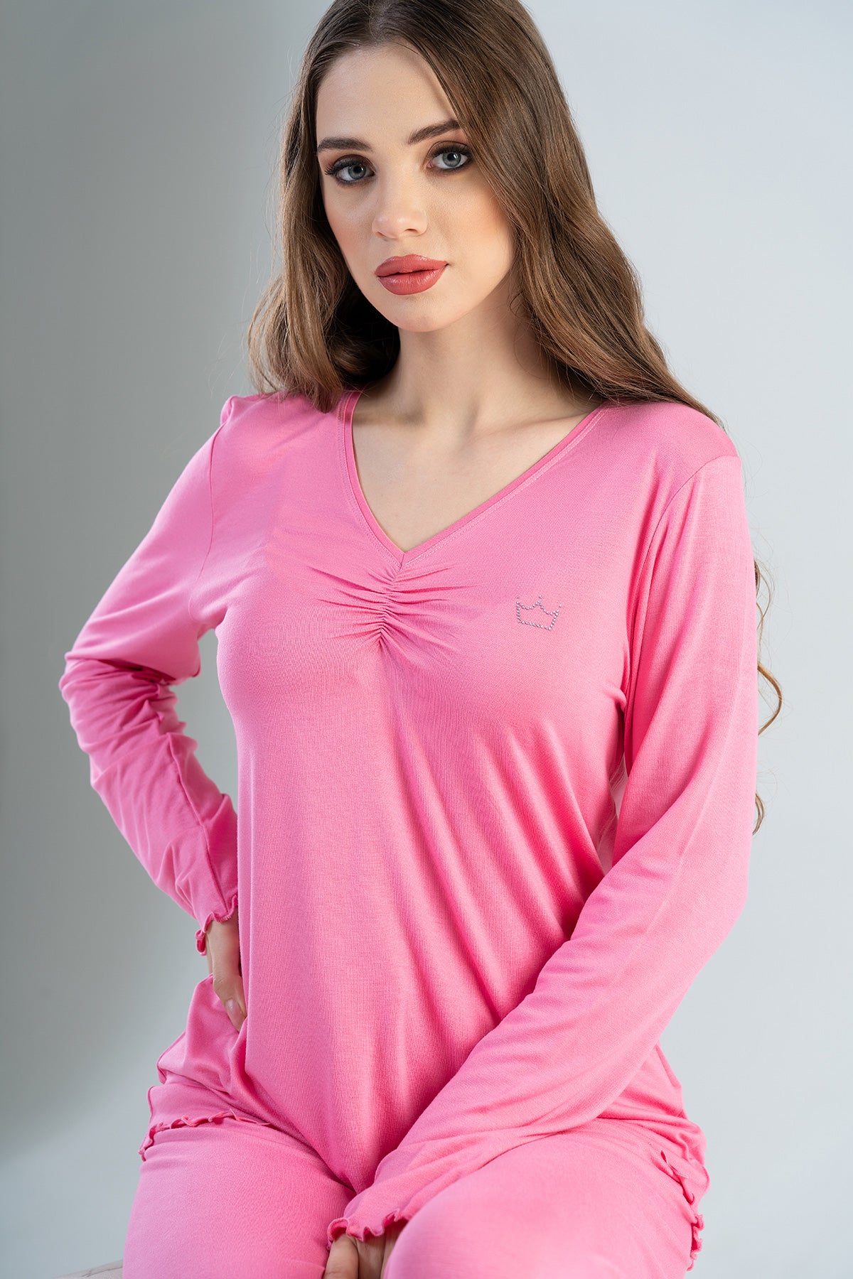 BAYAN LYC WORTEKS V YAKASI BUZGULU UZUN KOL BIBILALI PIJAMA TAKIM