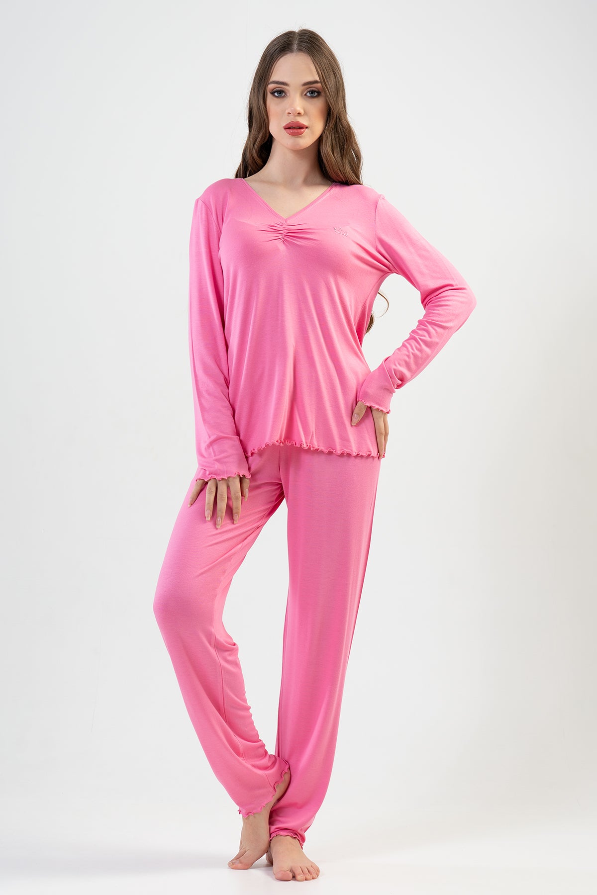 BAYAN LYC WORTEKS V YAKASI BUZGULU UZUN KOL BIBILALI PIJAMA TAKIM