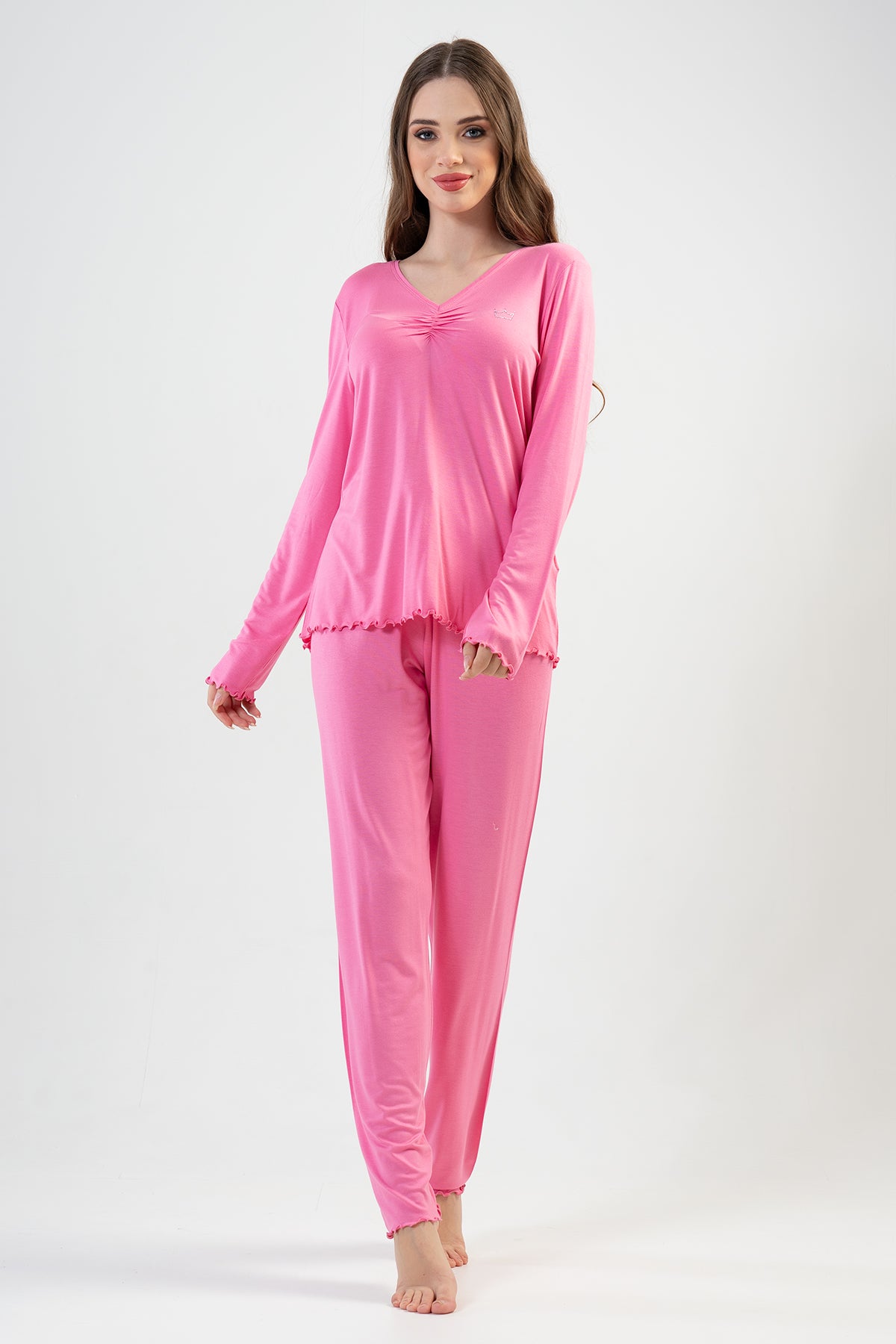 BAYAN LYC WORTEKS V YAKASI BUZGULU UZUN KOL BIBILALI PIJAMA TAKIM