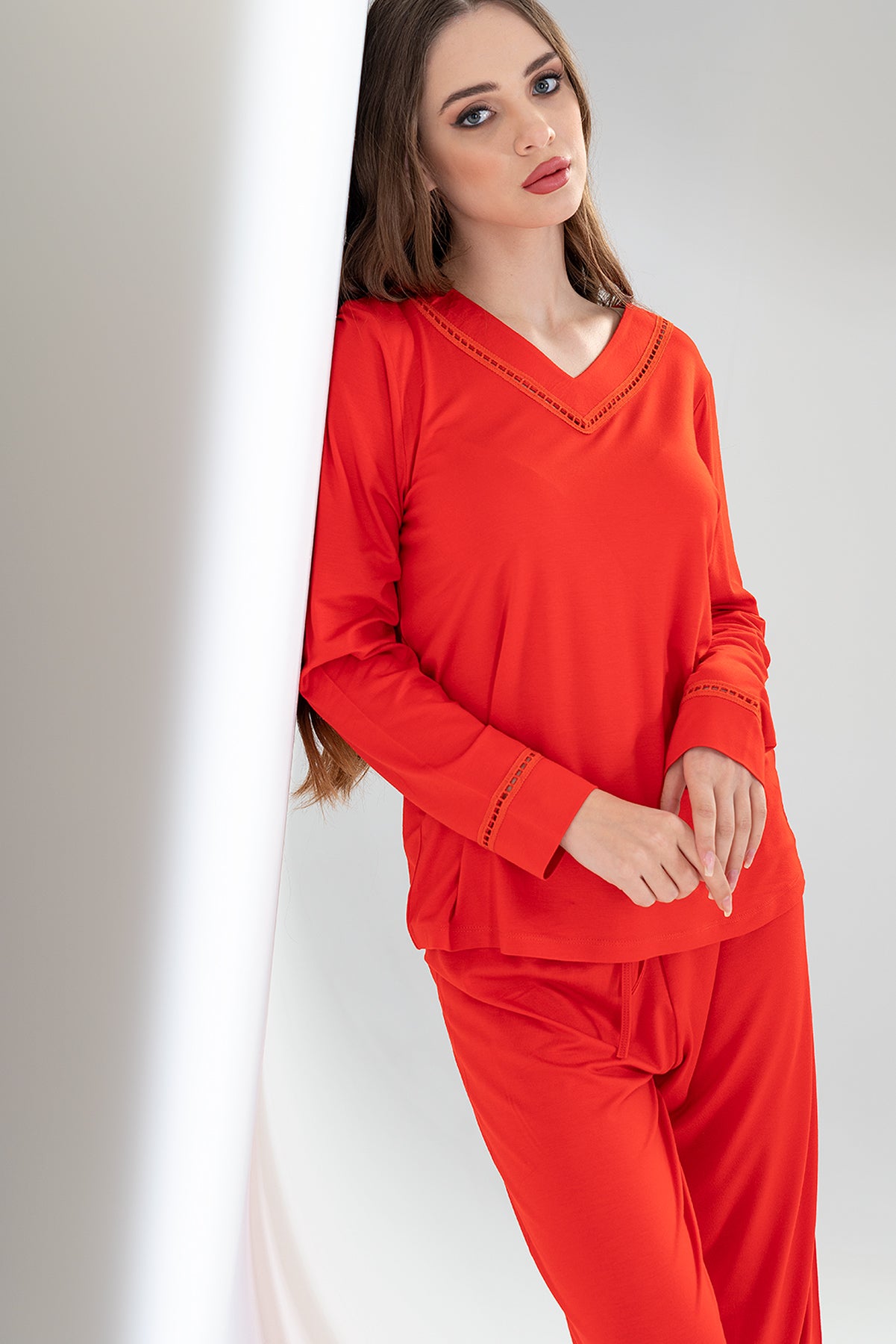 BAYAN LYC WORTEKS V YAKA UZUN KOL ETEGI OVAL PIJAMA TAKIM