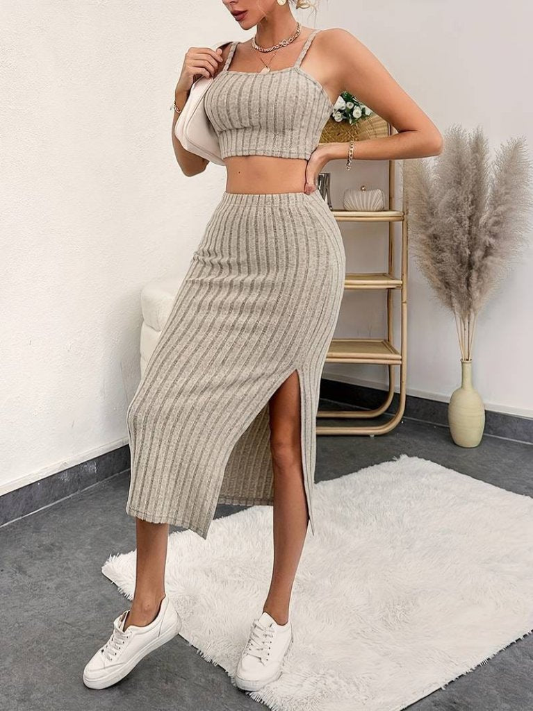 Kadın Kolsuz Askılı Crop Yırtmaçlı Midi Etek Fitilli Kaşkorse Takım, 35420