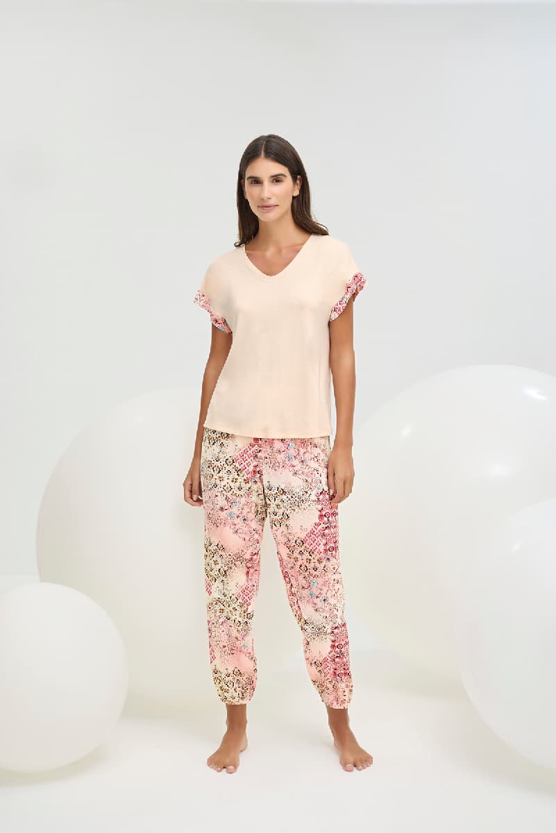 16327 Kadın V Yaka Lastikli Paça Pijama Takım