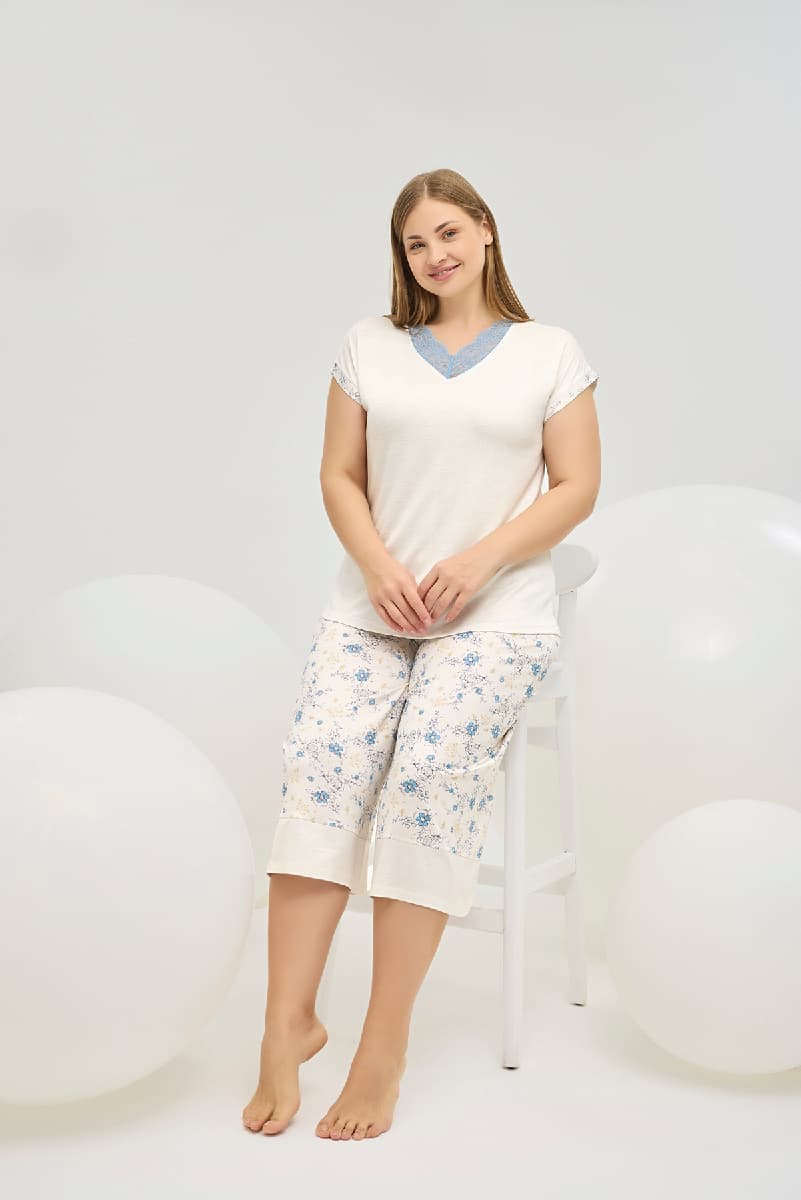 16566 Kadın Büyük Beden V Yaka Kapri Takım