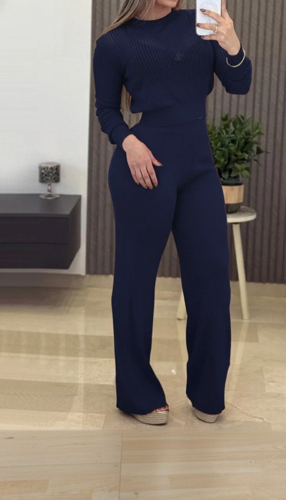 Kadın Uzun Kollu Yuvarlak Yaka Transparan Detaylı Triko Bluz Ve Pantolon Ikili Takım, 31661