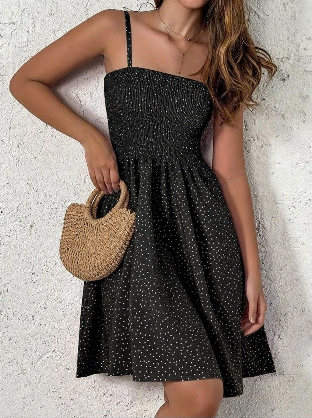 Women's Spaghetti Strap Pleated Patterned Short Supreme Dress