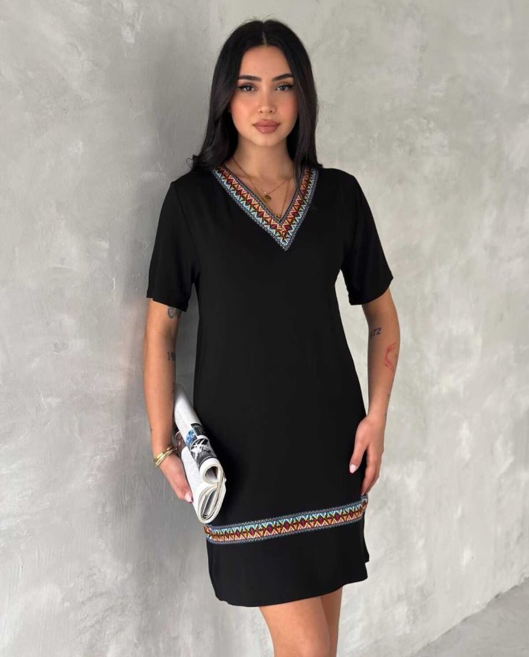 Women's Short Sleeve V Neck Ethnic Pattern Stripe Detail Viscose Dress