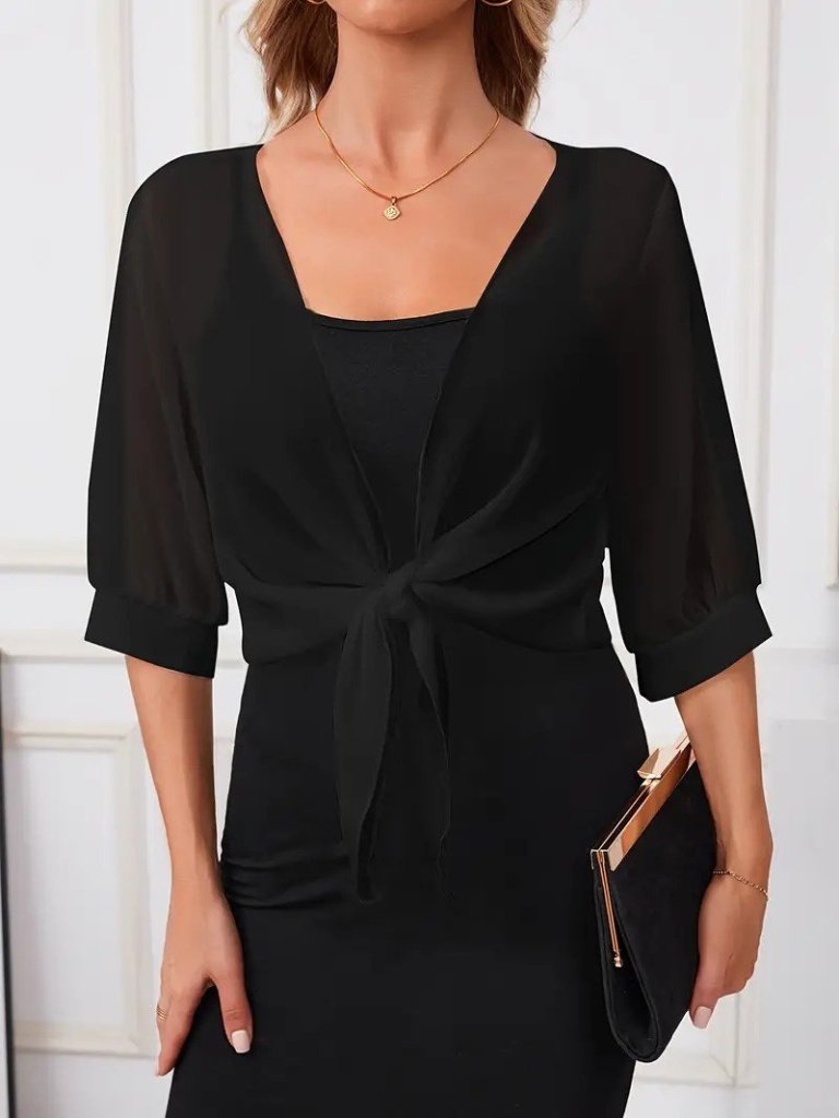 Women's Three-Quarter Sleeve Front Tie Short Chiffon Bolero Jacket