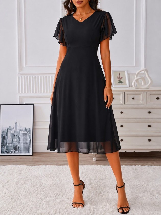 Women's Short Sleeve V-Neck Midi Lined Chiffon Dress