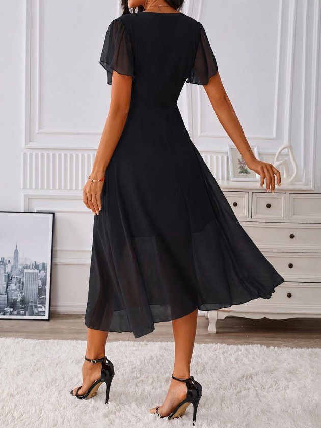 Women's Short Sleeve V-Neck Midi Lined Chiffon Dress