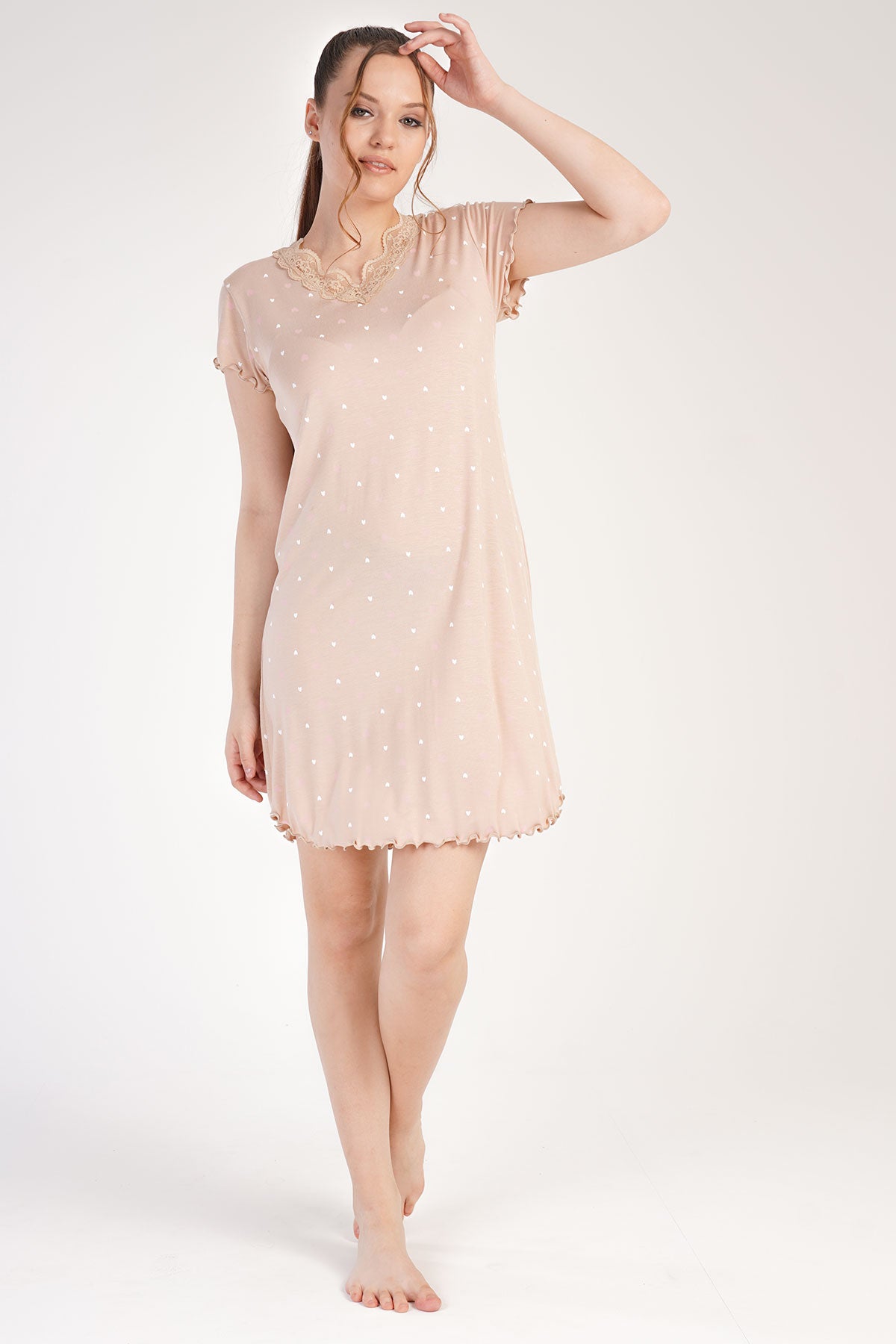 KADIN VISCON V YAKA DANTELLI BIBILALI KISA KOL TUNIK