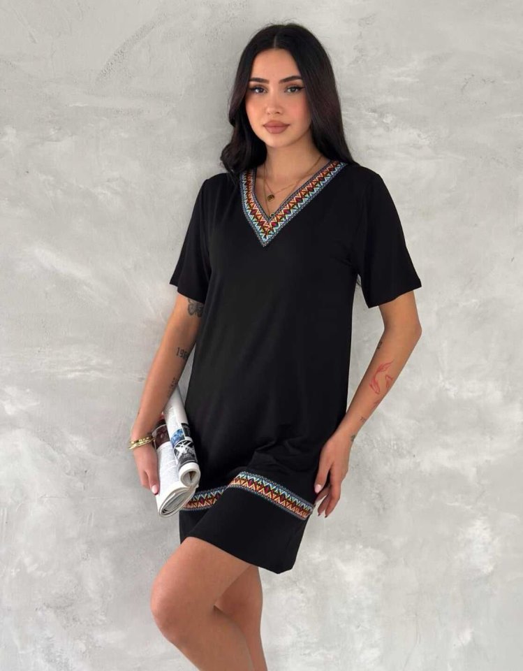 Women's Short Sleeve V Neck Ethnic Pattern Stripe Detail Viscose Dress
