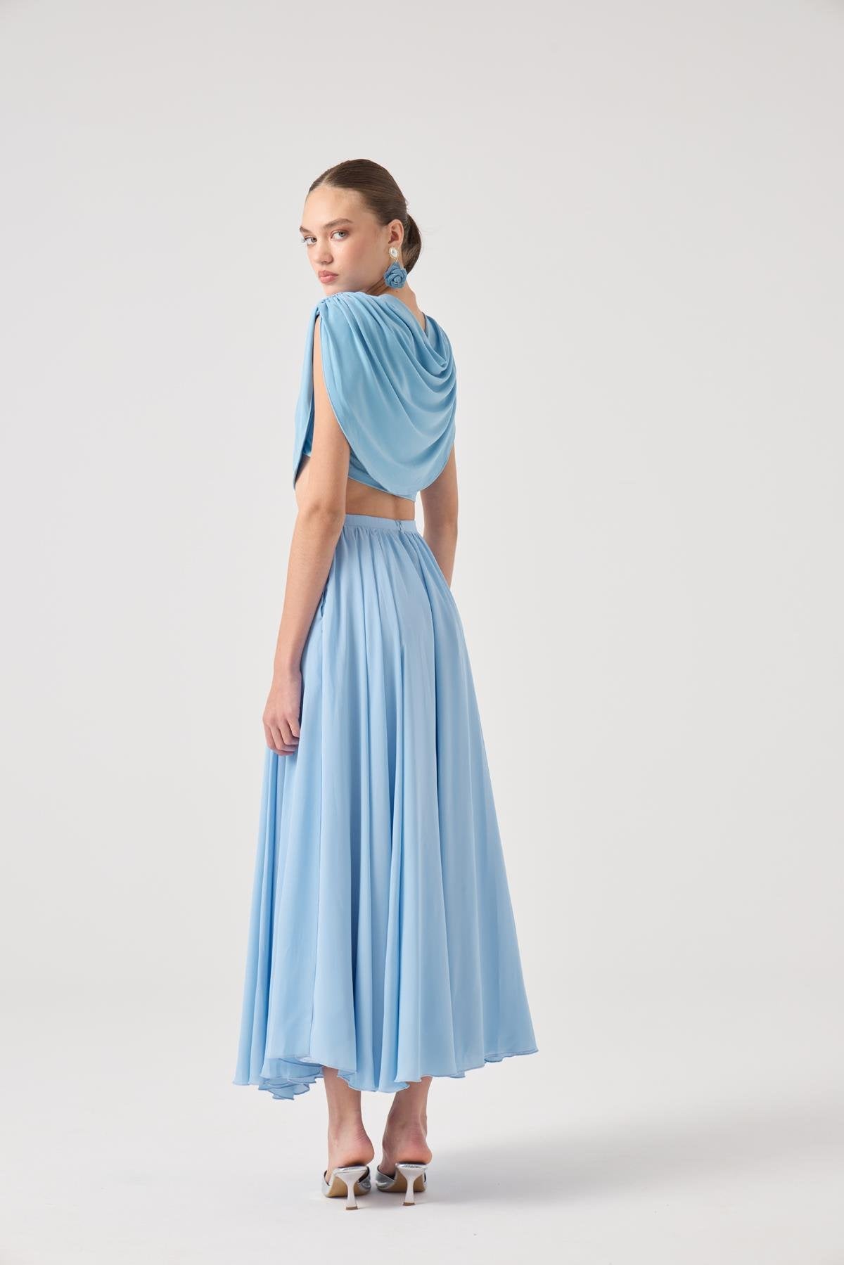 Şifon Etekli Pelerin Bluz Büstiyer 3 lü Alanna Takım Mavi