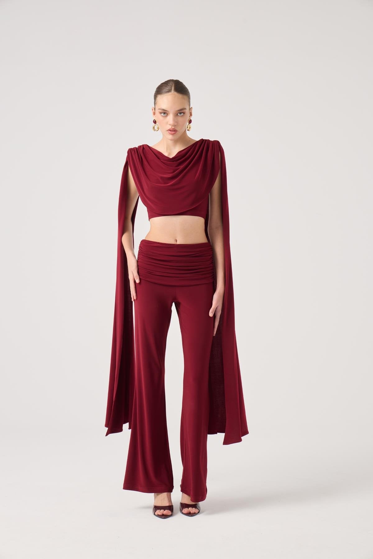 Şal Detaylı Bluz ve İspanyol Pantolonlu Finley Takım Bordo