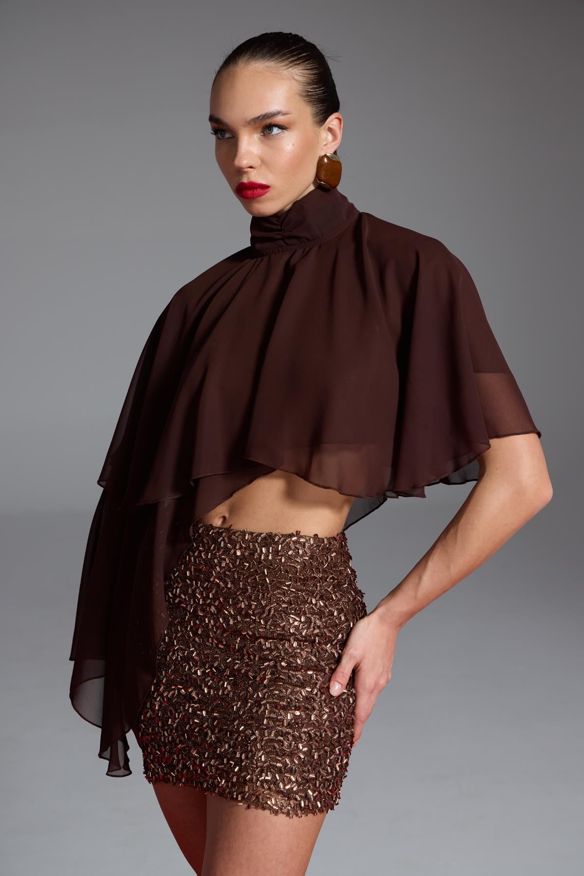 Payetli Mini Harley Etek Kahve