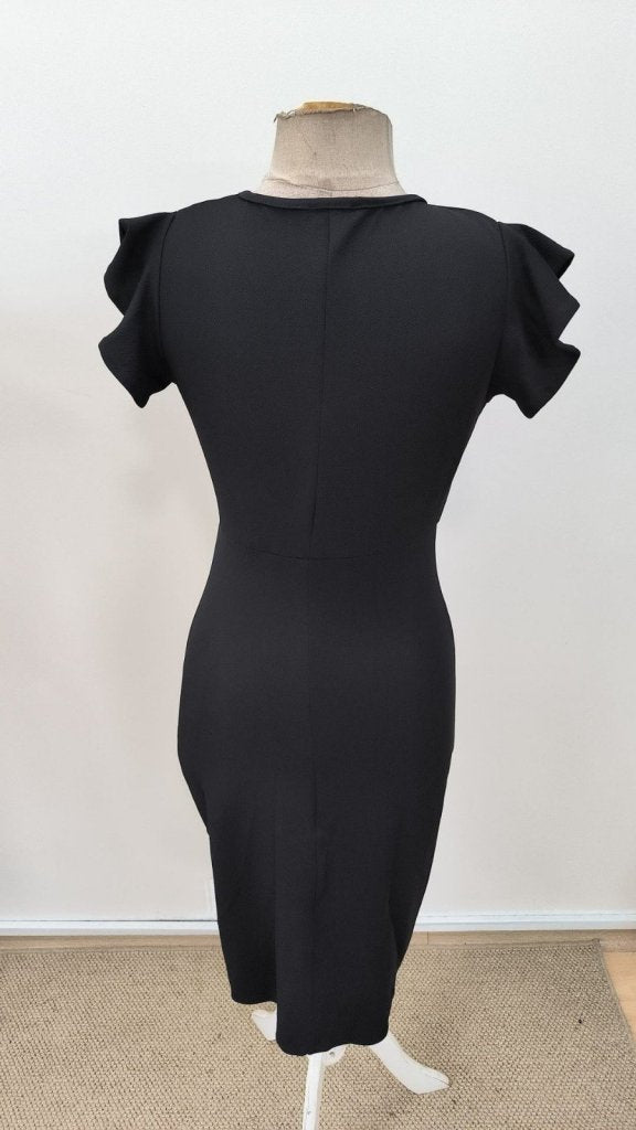 Women's Short Ruffle Sleeve Wrap Collar Front Cross Detailed Midi Ruffled Crepe Dress