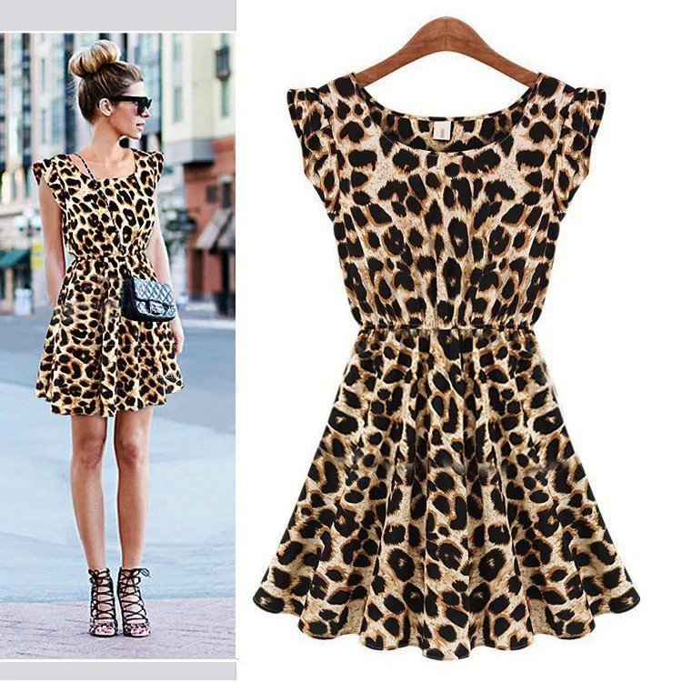 Women's Short Ruffle Sleeve Open Neck Leopard Print Short Flared Supreme Dress