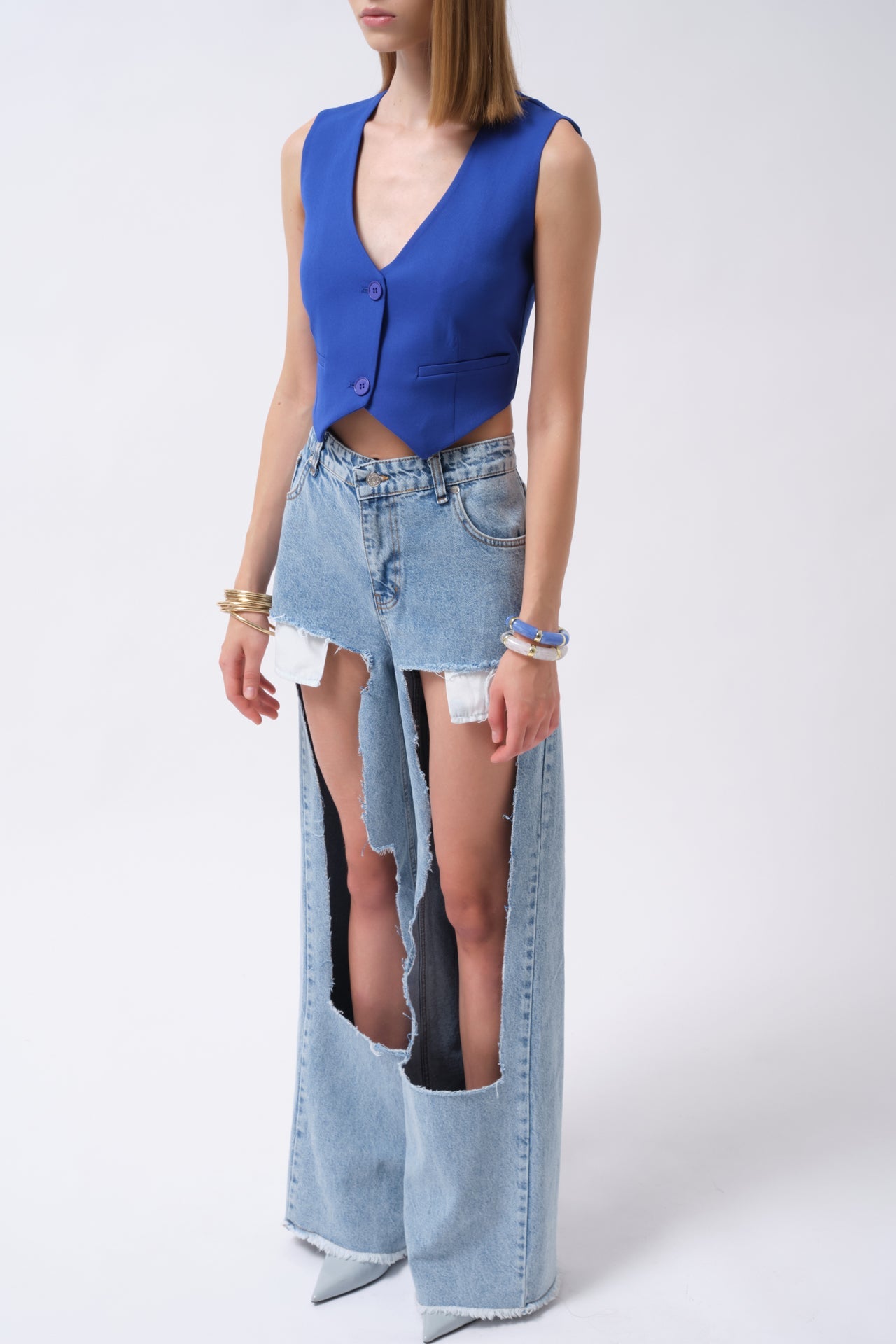 Düğmeli Saks Crop Yelek