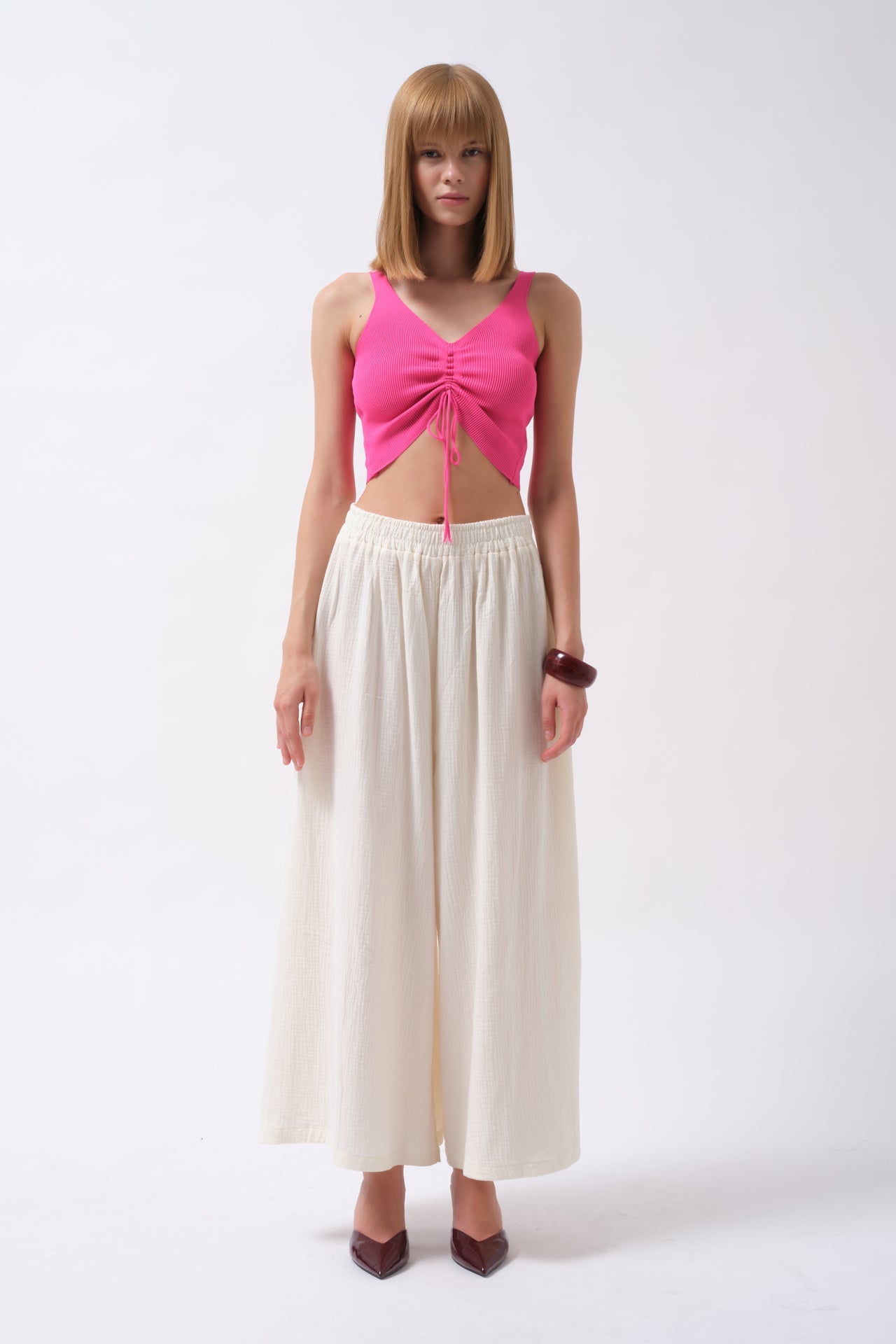 Ön Büzgülü Fuşya Crop Bluz