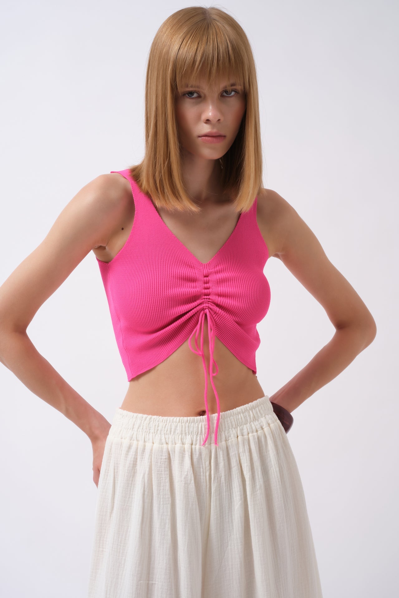 Ön Büzgülü Fuşya Crop Bluz