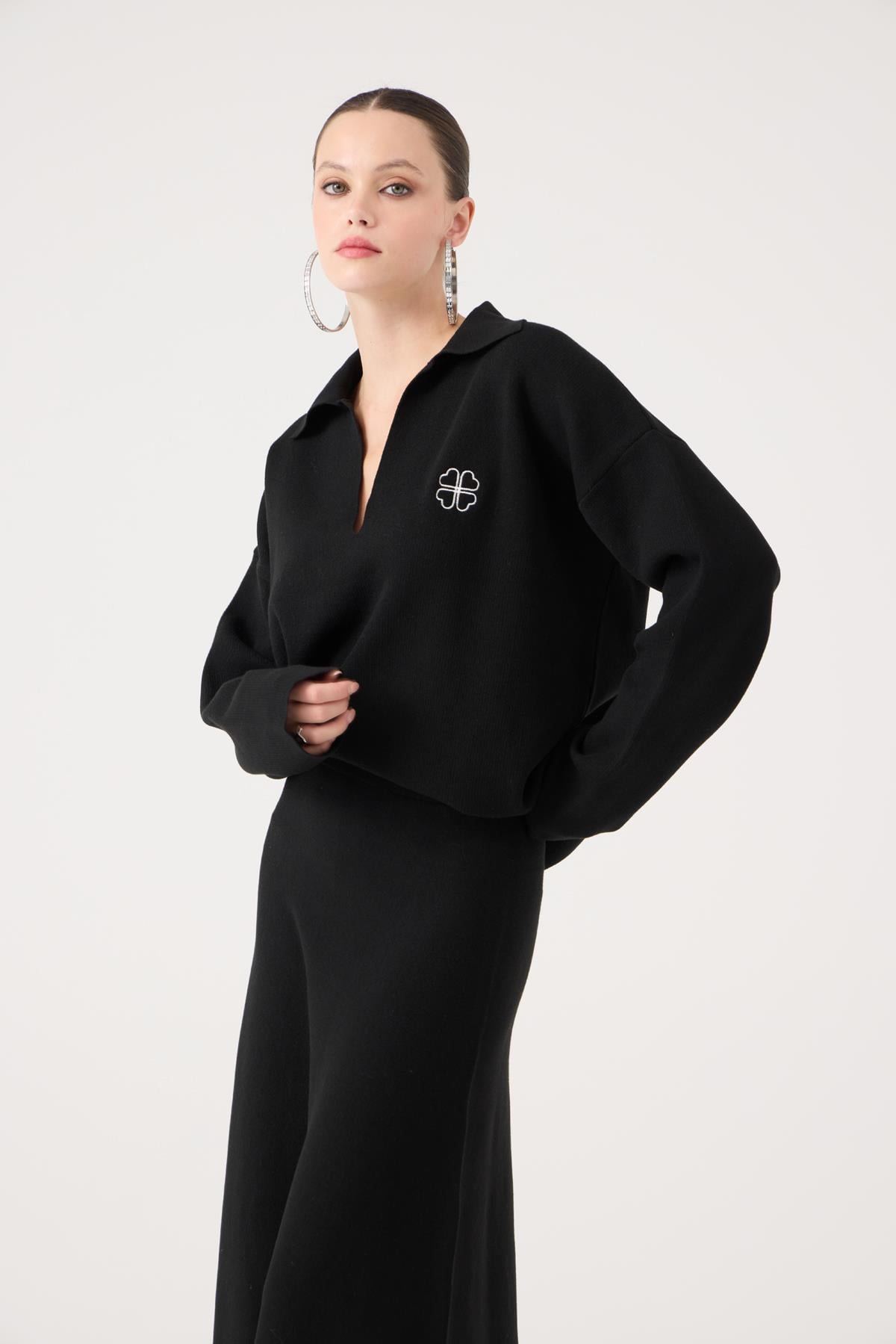 Oversize Kesim Polo Yaka Zoi Triko Kazak Siyah Siyah St