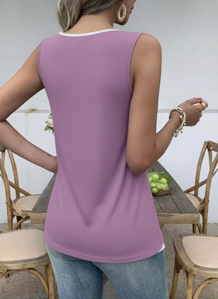 Women's Sleeveless Front Button Asymmetric Detail Two-Tone Viscose Blouse