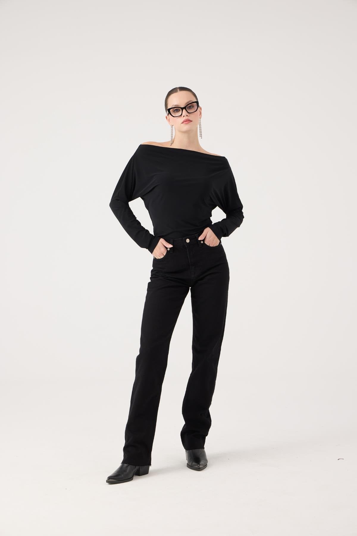 Yüksek Bel Straight Kesim Sagrado Jean Pantolon Siyah Siyah L / 30