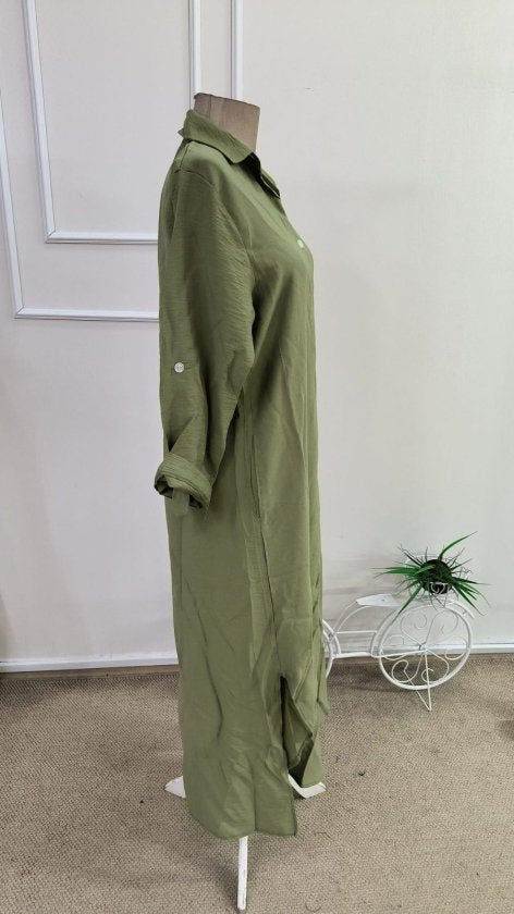 Women's Long Sleeve Collared Front Button Wide Cut Detailed Long Dress