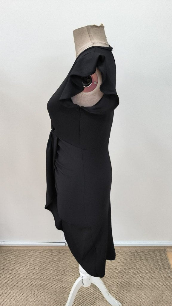 Women's Short Ruffle Sleeve Wrap Collar Front Cross Detailed Midi Ruffled Crepe Dress