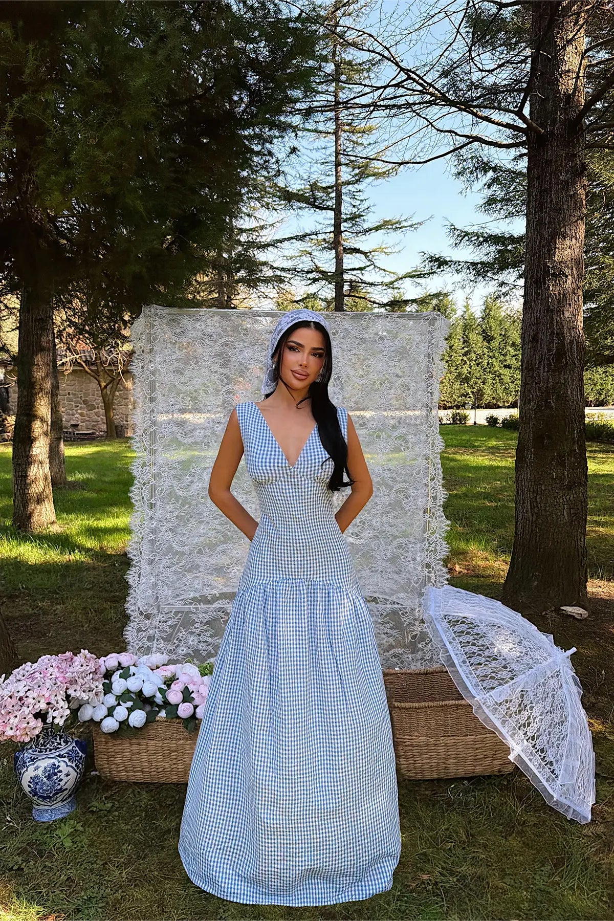 Mavi Ekose Desenli Elbise