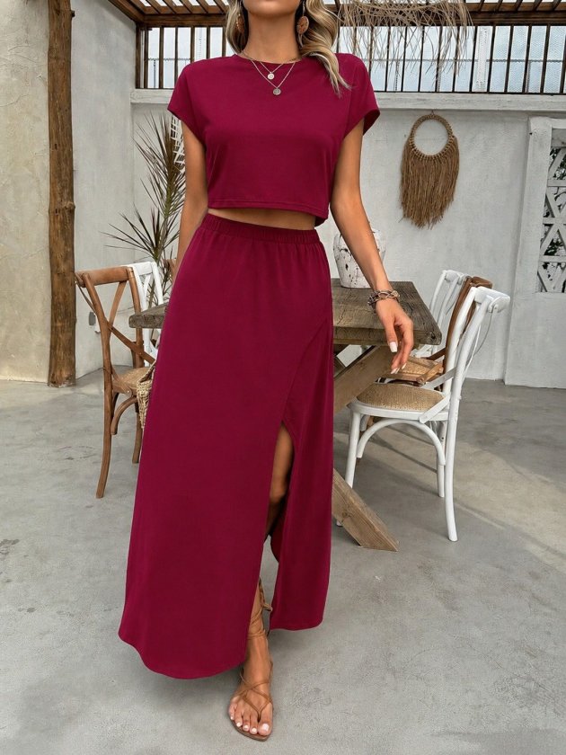 Women's Short Sleeve Crew Neck Viscose Crop Blouse and Long Skirt Two-Piece Set