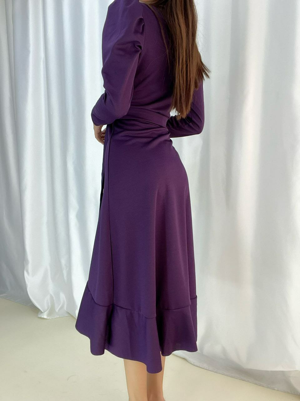 Crepe Fabric Midi Length Long Sleeve Dress with Belt