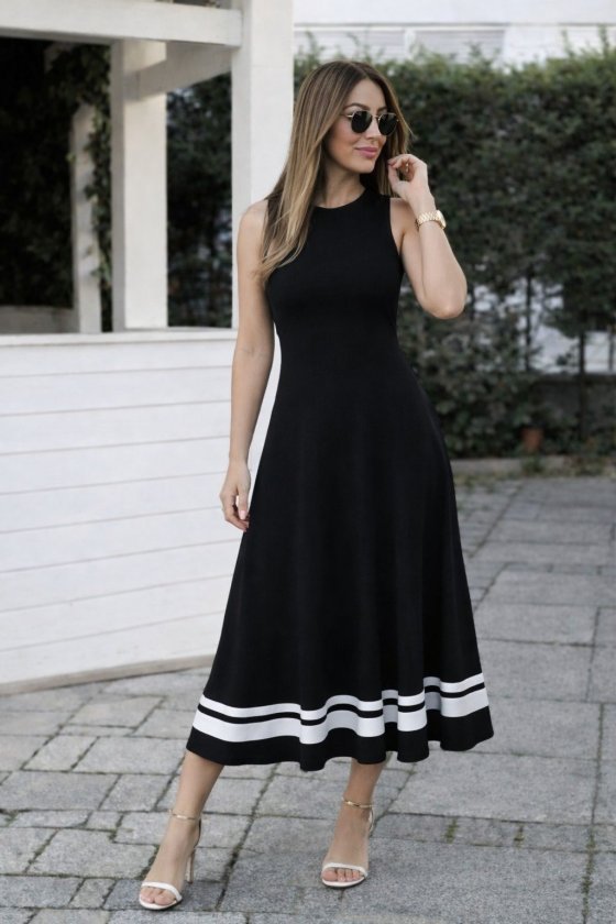 Women's Strappy Round Neck Hem Stripe Detailed Long Viscose Dress