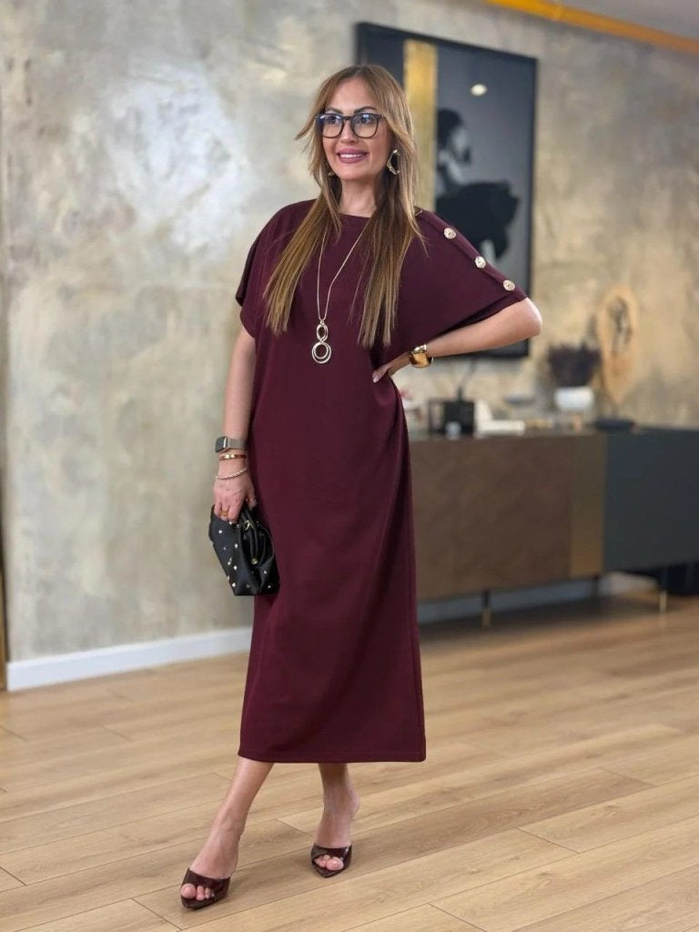 Women's Short Sleeve Crew Neck Shoulder Button Long Viscose Double Thread Dress
