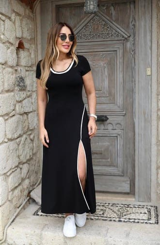Women's Round Ribbed Neck White Slit Detailed Viscose Full-Length Dress