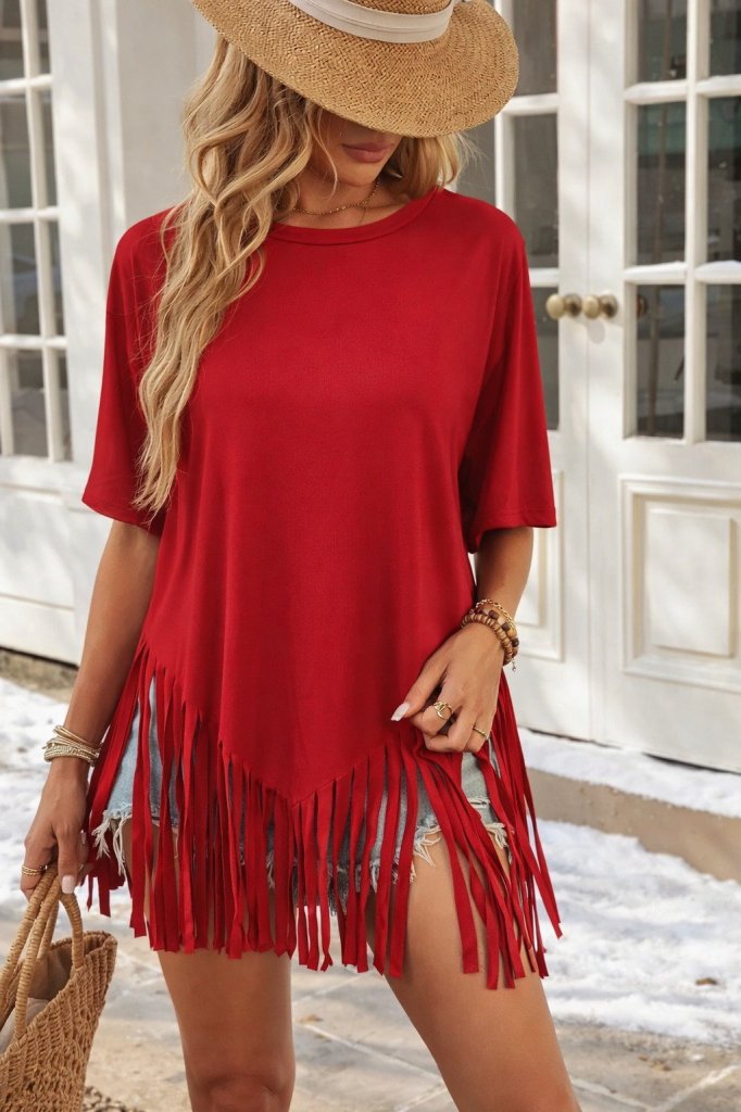 Women's Short Sleeve Crew Neck Tassel Viscose Blouse
