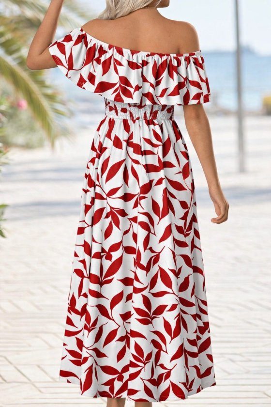 Women's Madonna Collar, Chest Elastic, Slit, Long Patterned Supreme Dress