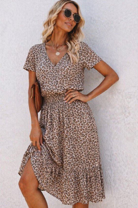 Women's Short Sleeve V Neck Elastic Waist Midi Supreme Dress