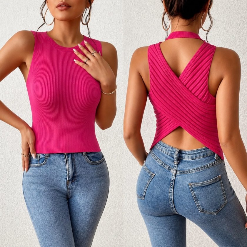 Kadın Sıfır Kol Sırt çapraz Detay Triko Bluz, 35775