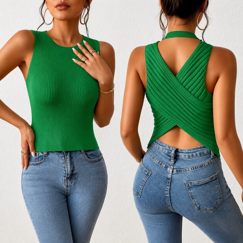 Kadın Sıfır Kol Sırt çapraz Detay Triko Bluz, 35776