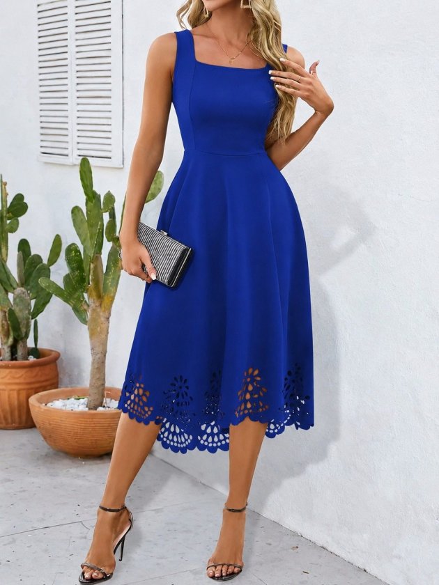 Women's Strappy Geometric Neckline Floral Laser Cut Imported Crepe Dress