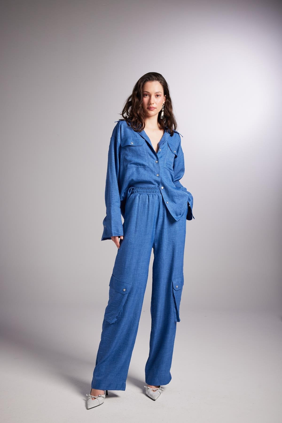 Kargo Cepli Beli Lastikli Julia Pantolon Mavi