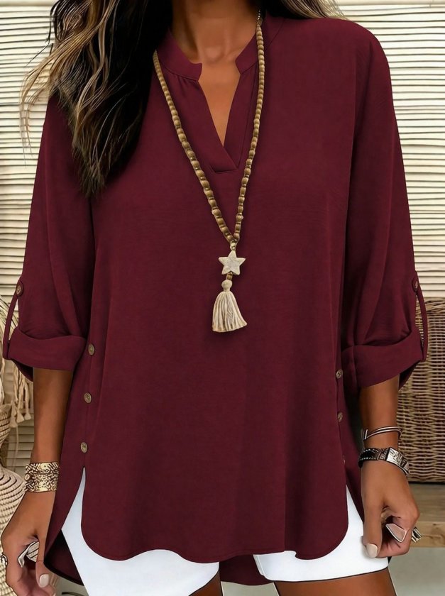 Women's Three-Quarter Sleeve Mandarin Collar Side Button Detailed Aerobin Blouse