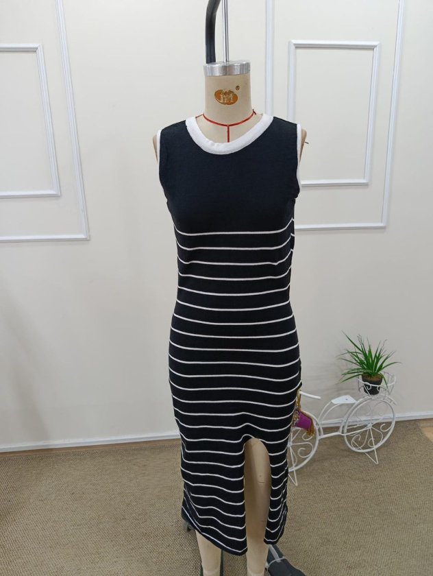Women's Sleeveless Round Neck Blouse with Strap Detail and Slit Midi Knit Dress