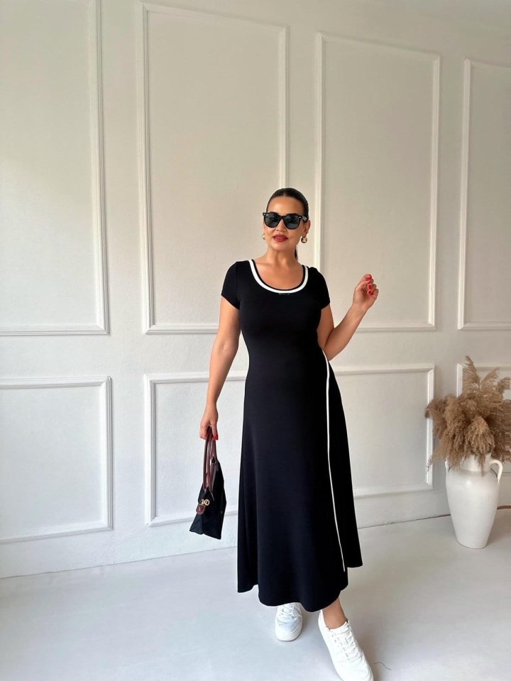 Women's Round Ribbed Neck White Slit Detailed Viscose Full-Length Dress
