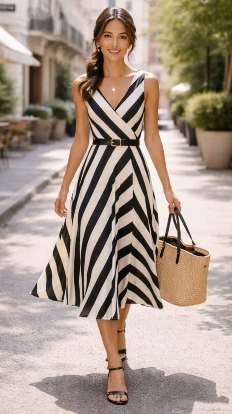Women's Strappy Wrap Collar Waistless Striped Scuba Midi Dress